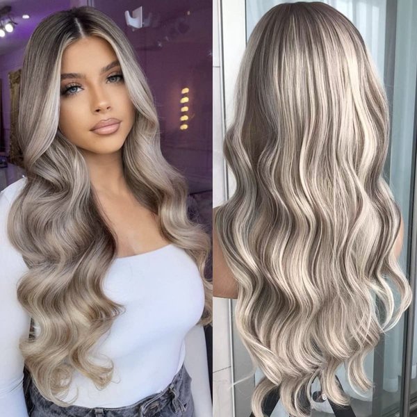QDBOWIN Body Wave Lace Front Wig Highlight Ash Blonde Lace Frontal Synthetic Wigs Pre Plucked Long Wavy Synthetic Lace Wig for Women