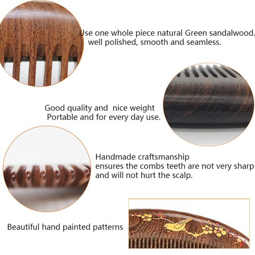 Sitronugras Handmade Wooden and Natural Sandalwood Combs Set - Detangling Fine Tooth Comb with Handle for Women, Anti Static Moon Shape Comb for Straight, Wavy, Dry, Thick or Fine Hair
