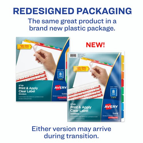 Avery 8 Tab Dividers for 3 Ring Binder, Easy Print & Apply Clear Label Strip, Index Maker Customizable Multicolor Tabs, 5 Sets (11419)