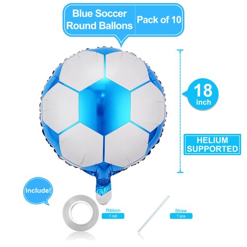 10 Pack 18 Inch Blue Soccer Foil Balloons Football Helium Metallic Mylar Balloons for Birthday Party Sports Theme World Cup Party Decorations