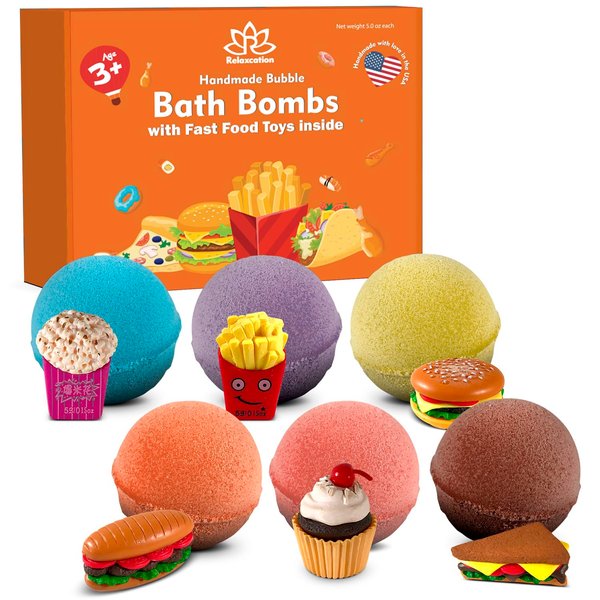 Bath Bombs for Kids Set with Toys Surprise Inside for Kids | FAST FOOD Toys Surprises Inside - Safe Bath Fizzies for Sensitive Skin and Quality Toys Make Your Kids Happy - Handmade in USA