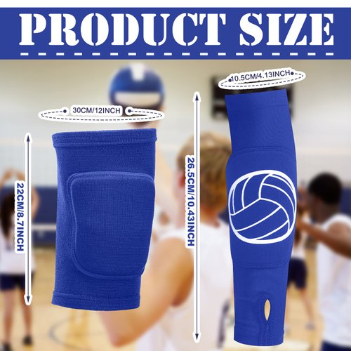 2 Set Volleyball Knee Pads and Volleyball Arm Sleeves with Protection Pad Compression Forearm Wrist Guard with Thumb Hole Soft Breathable Pads for Women Kids Girls Youth Hitting Passing (Black, Blue)