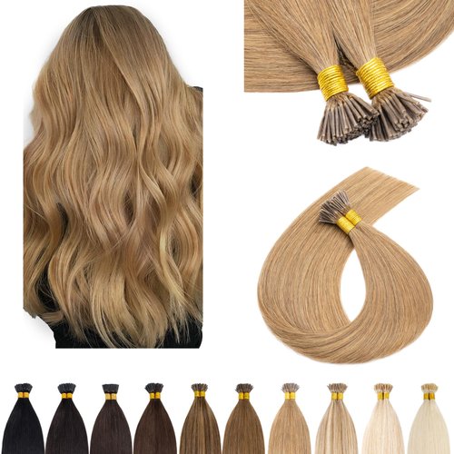 SEGO I Tip Hair Extensions Human Hair Keratin Pre Bonded MicroBeads Tip Hair Balayage Natural Silky Straight Extensions 100 Strands 50g/Pack -16 Inch Dark Blonde