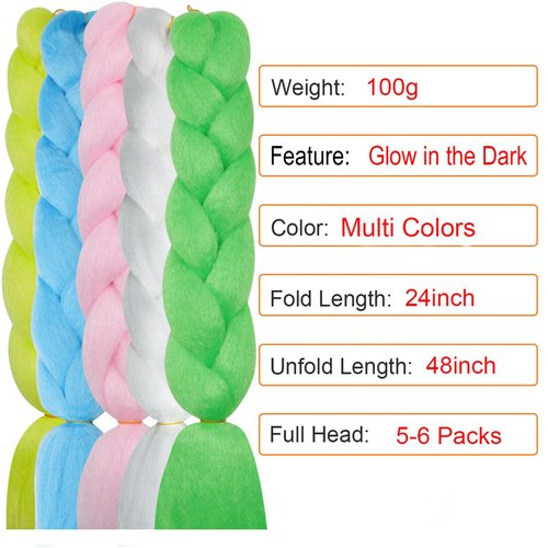 Colorful Braiding Hair Glow in Dark Hair Extensions Jumbo Braiding Hair 5PCS Luminous Rainbow Braiding Hair for Braids MultColor Glowing Braiding Hair Extensions
