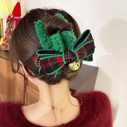 Xmas Green Plush Hair Clip,Christmas Plaid Bow Hairpin with Bell Design,Christmas Green Bow Claw Clips for Thick Thin Hair,Strong Hold Jaw Clip for Women Girls Christmas Party Cosplay Hair Accessories