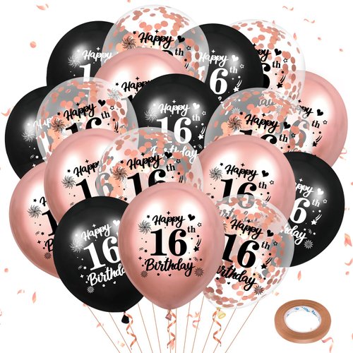 16th Birthday Balloons 18Pcs Rose Gold and Black 16th Balloons 16th Birthday Party Decorations for Girls 12 Inch Confetti Latex Vintage Sweet 16th Balloons for 16th Birthday Anniversary Party Supplies