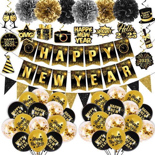 65Pcs Black and Gold New Years Decorations, New Year Decorations 2025 Happy New Year Banner, New Years Eve Party Supplies Happy New Years Latex Balloons Pom poms New Years Hanging Decorations