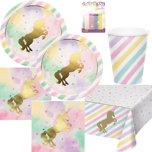 Unicorn Sparkle Party Supplies Pack Serves 16: Dinner Plates, Luncheon Napkins, Cups, and Table Cover, with Birthday Candles Deluxe (Bundle for 16)