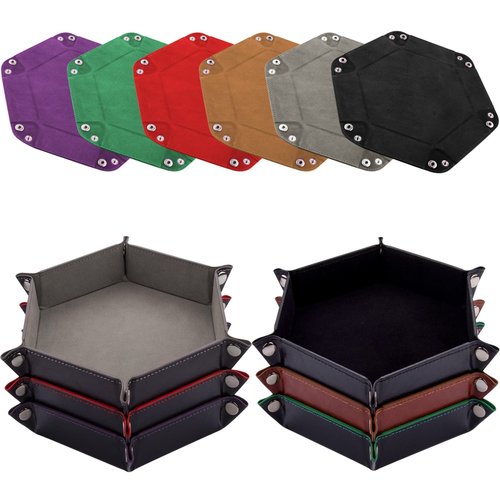 SIQUK 6 Pieces Dice Tray Hexagon Dice Rolling Holder Folding PU Leather Dice Trays for Dice Games Like RPG, DND and Other Table Games(Black, Gray, Camel, Red, Green, Violet)