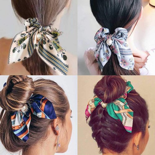 Outyua Bow Hair Scrunchies Scarf Peal Flower Hair Scrunchies Bowknot Hair Elastic Scrunchy Ties Ponytail Hair Accessories for Women and Girls 4Pcs