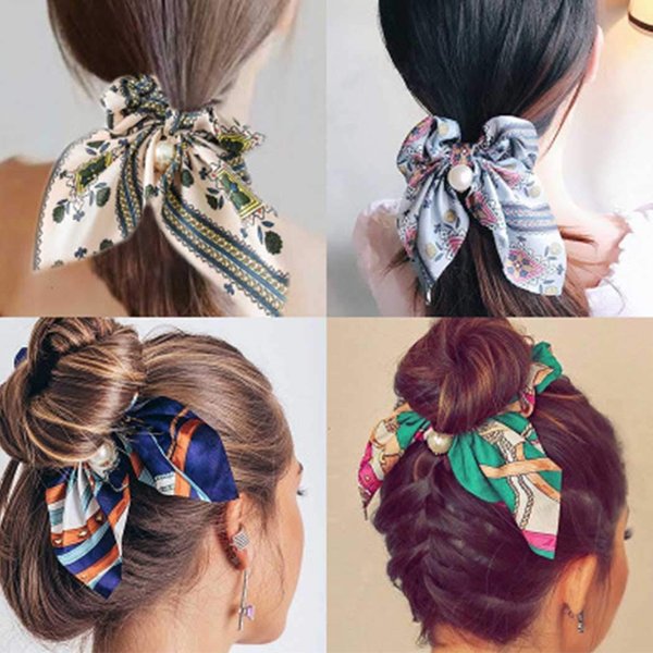 Outyua Bow Hair Scrunchies Scarf Peal Flower Hair Scrunchies Bowknot Hair Elastic Scrunchy Ties Ponytail Hair Accessories for Women and Girls 4Pcs