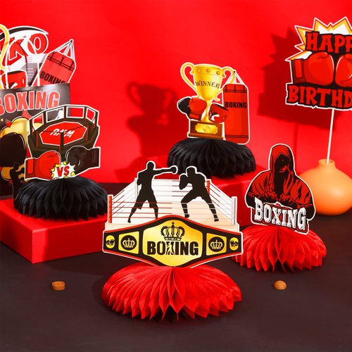 JOYMEMO 8 Pieces Boxing Birthday Honeycomb Centerpieces - Boxing Match Birthday Party Decorations Red Black Gold, Boxer Gloves Boxing Platform Table Decor for Wrestle Fitness Fight Sports Party