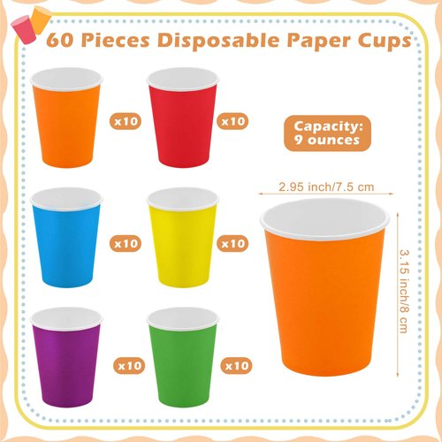 URATOT 60 Pieces 9 Ounce Disposable Paper Cups Rainbow Party Cups Drinking Cups for Party, DIY and Holiday, 6 Colors
