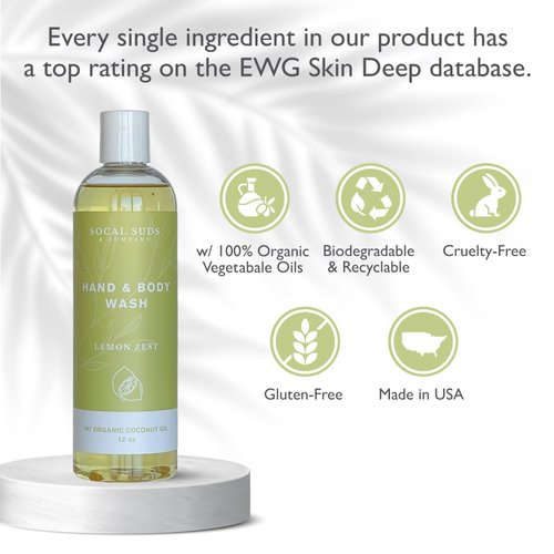 SoCal Suds & Company - 12oz Thick Organic Castile Soap Liquid Lemon Zest, Hand & Body Wash for Men & Women, Made w/Organic Oils & Coconut Oil, Perfect Bath Essentials, Gentle Soap for All Skin Types