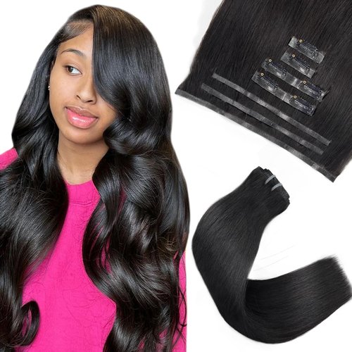 FBLhair 14 inch Seamless Clip in Hair Extensions Human Hair 110g 7pcs Invisible Clip in Hair Extensions Black Women PU Weft Real Human Hair Extensions Clip ins Hair Pieces 1B Natural Black Straight