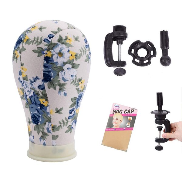 beiai 23inch Canvas Block Head Beautiful Flower Mannequin Head for Wig Making Display Styling Wig Head Canvas Head with Table Stand and Mount Hole(23inch,Flower)