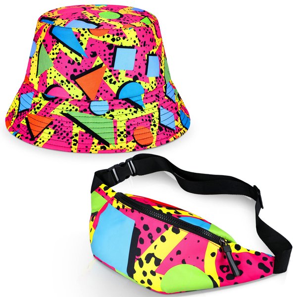 JenPen 2 Pcs 80s 90s Fanny Pack Bucket Hats Set for Men Women Retro Accessories for Summer Sports Party(Neon Style)