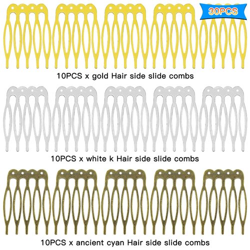 30Pieces Hair Comb Clip 5 Teeth Metal Wire Hair Combs Wedding Veil Combs Hair Side Combs Twist Comb 39x27mm Hair Clip Accessories for Women Decorative DIY Jewelry Making (3 Colors, with holes)