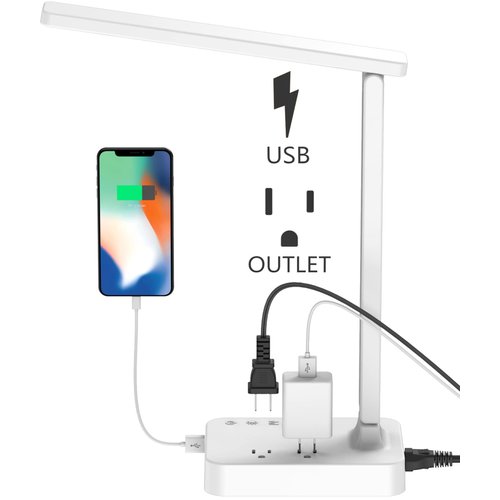 Drevet LED Desk Lamp, Desk Light with 1 USB Charging Port and 2 AC Power Outlet, 3 Lighting Modes, 3 Level Brightness,1H Timer, Touch Control, Eye-Caring Home Office Foldable Table Lamp (White)