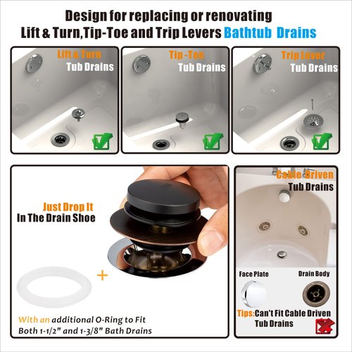 Artiwell Universal Tip Toe Bath Drain Stopper and Cover, Bathtub Drain Stopper, Replaces Lift and Turn, Tip-Toe and Trip Lever drains for Tub, EZ Installation and Clearing (Oil Rubbed Bronze)