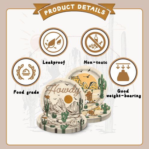 NUTTYBASH 60 Pcs Western Cowboy Paper Plates, Rodeo Theme Birthday Party Decorations Cowboy Party Supplies for Wild West Cowboy Rodeo Baby Shower Party Supplies