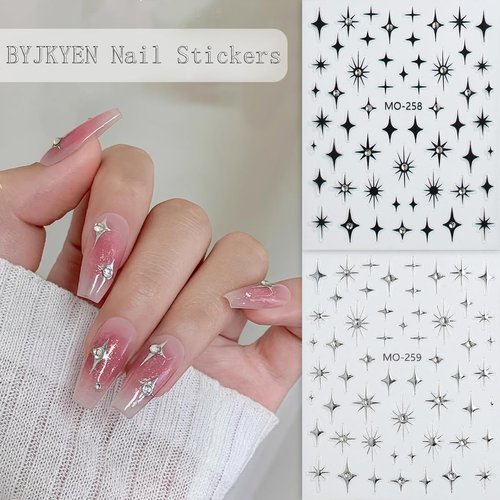 Shiny Crystal Heart Sun Moon Star Nail Stickers for Nail Art,6 Sheets Silver Gold Black Heart Sun Moon Stars Nail Decals 3D Self-Adhesive Nail Designs Sticker for Acrylic Natural Nail Decoration DIY