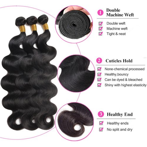 Releek Human Hair Body Wave Bundles 100% Unprocessed Brazilian Virgin Human Hair Body Weave Bundles (20 22 24 Inch) Human Hair Extensions for Black Women Natural Color