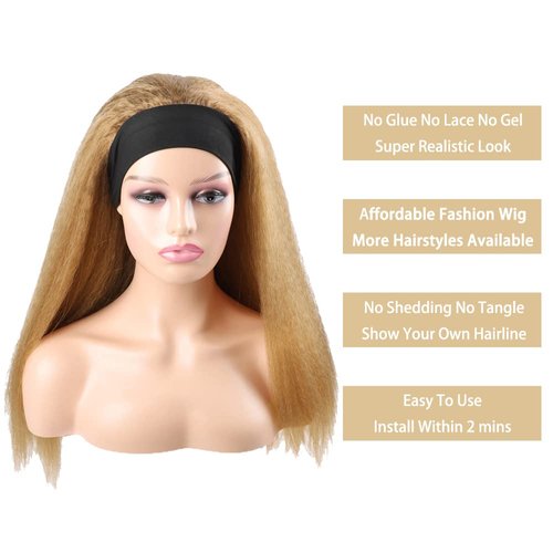 MavKuvx 24 Inch #27 Blonde Kinky Straight Headband Wigs Human Hair Color #27 Blonde Human Hair Wigs 150% Density Non Lace Front Wigs Grade 8A Unprocessed Virgin Hair Yaki Wave Wigs