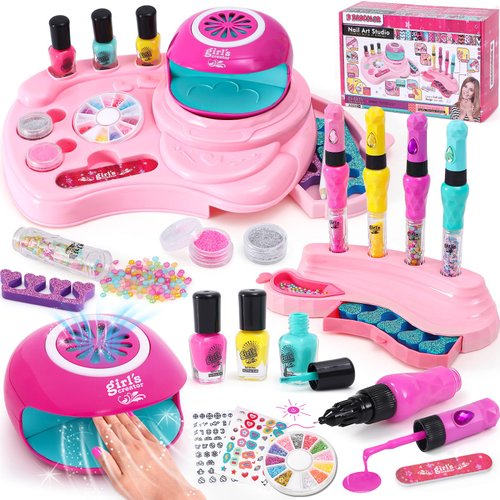 B Bascolor Kids Nail Polish Set for Girls Toy, 4 Nail Draw Pen/Nail Dryer/3 Nail Polish/2 Storage Base/Sticker/Powder Decor, Birthday Gift for Girls 4 5 6 7 8 9 10 11 12 13 Year Old Salon Art Nail Kit