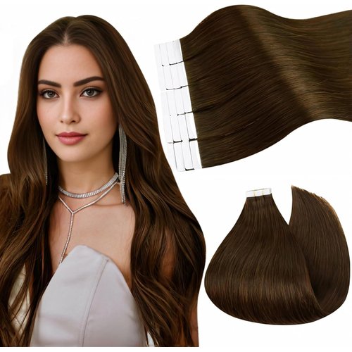 Ugeat Tape in Hair Extensions Human Hair Brown Hair Extensions Tape in for Women Chocolate Brown Seamless Tape in Human Hair Extensions Natural 20inch 20Pcs 50G