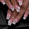 Press on Nails with Charms Medium Square French Tip Nails Cute Bow Fake Nails Glossy Full Cover Acrylic Nails Pearl Rose Flower False Nails Nude Pink Stick on Nails for Women Girls Nail Decor