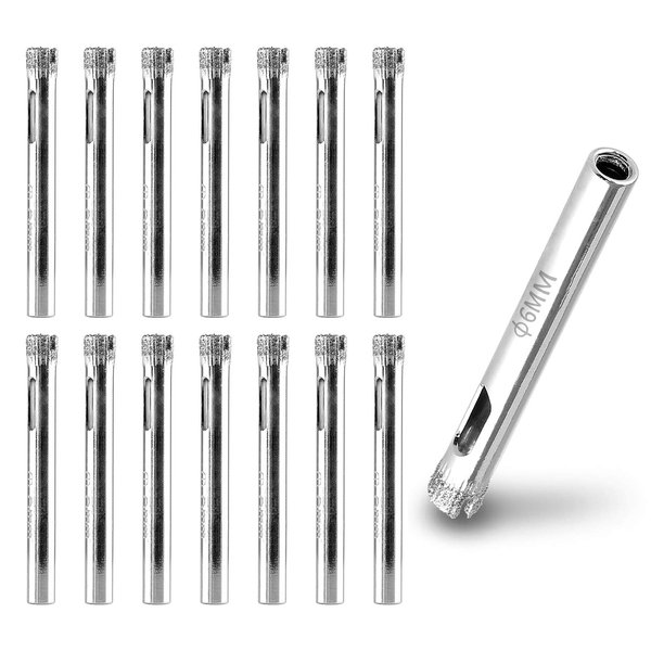 PHITUODA 15pcs 1/4-Inch / 6mm Diamond Drill Bits, Small Diamond Hole Saw Hollow Core Drill Bits for Glass Ceramic Porcelain Tiles Marble Granite Quartz