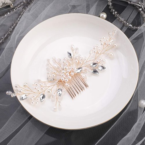 Anglacesmade Bridal Hair Comb Crystal and Pearl Wedding Comb Hair Vine Branch Wedding Hair Accessories for Women and Girls (Gold)