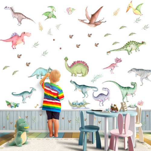 109 Pieces Watercolor Dinosaur Wall Decals, Removable Dinosaur Feet Stickers Bedroom, Cute Dino Nursery Playroom Decor Wall
