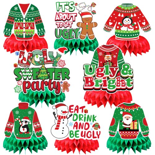 JULMELON 8PCS Ugly Sweater Party Decorations Honeycomb Centerpieces, Ugly Sweater Christmas Party Centerpieces for Tables Ugly Sweater Table Decor 3D Table Toppers for Christmas Winter Party Supplies