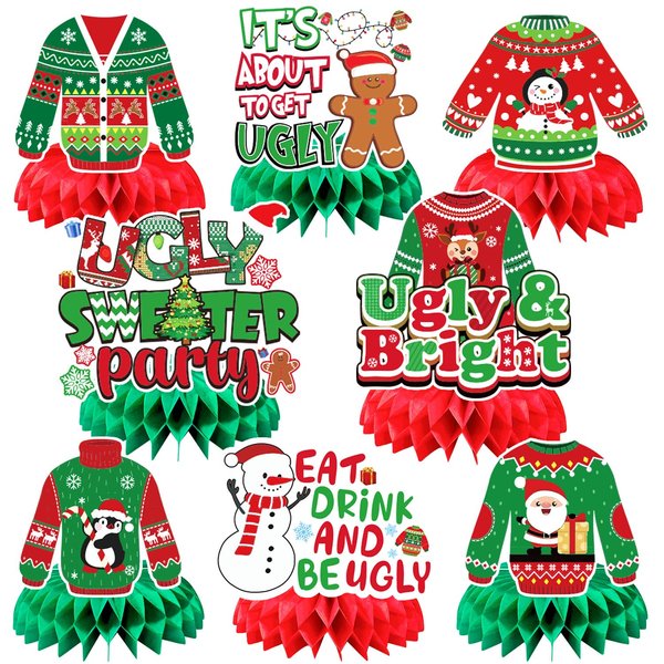 JULMELON 8PCS Ugly Sweater Party Decorations Honeycomb Centerpieces, Ugly Sweater Christmas Party Centerpieces for Tables Ugly Sweater Table Decor 3D Table Toppers for Christmas Winter Party Supplies