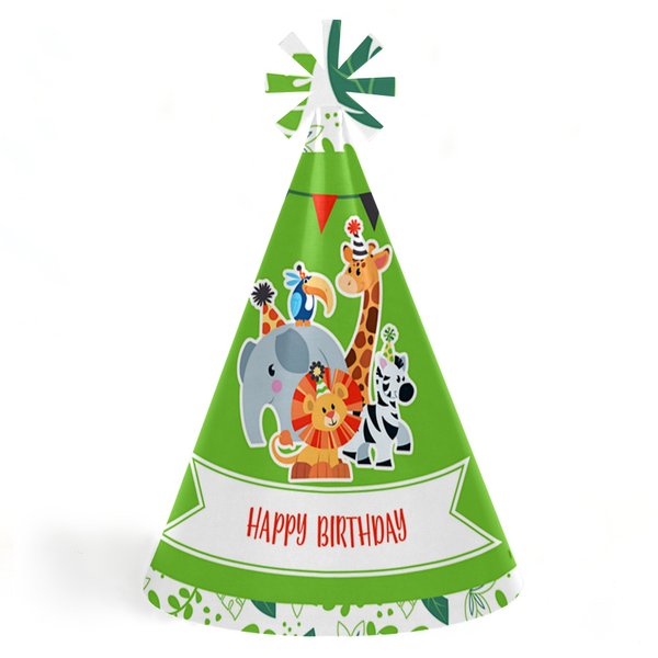 Big Dot of Happiness Jungle Party Animals - Cone Safari Zoo Animal Happy Birthday Party Hats For Kids And Adults - Set Of 8 (Standard Size)