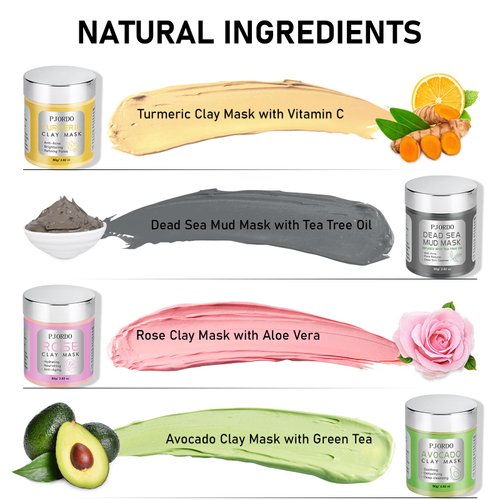 Pjordo 4 Pcs Clay Mask Christmas Gift Set, Turmeric Vitamin C Clay Mask, Dead Sea Mud Mask, Avocado Clay Mask, Rose Clay Mask, Face Mask Skin Care Set, Gifts For Women Girls, 2.82 Oz Each