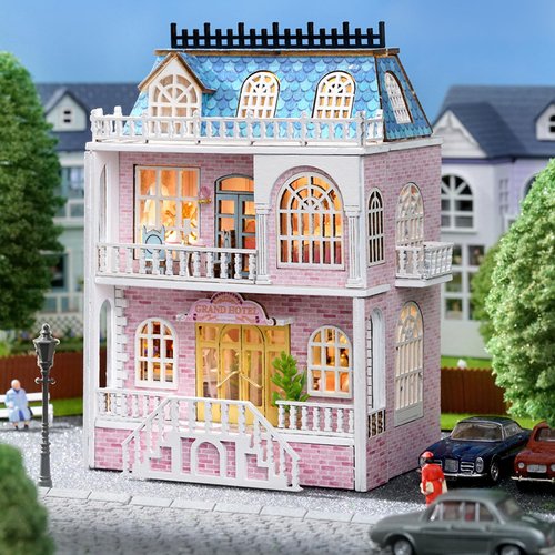 Roroom DIY Miniature and Furniture Dollhouse Kit,Mini 3D Wooden Doll House Craft Model with LED,Creative Room Idea for Valentine's Day Birthday Gift(Romantic Castle-D018)