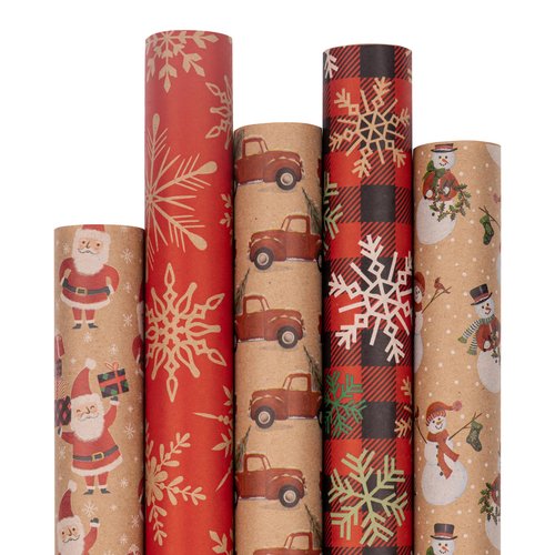 JAM Paper Assorted Gift Wrap - Christmas Kraft Wrapping Paper - 125 Sq Ft Total - Kraft Christmas Set - 5 Rolls/Pack