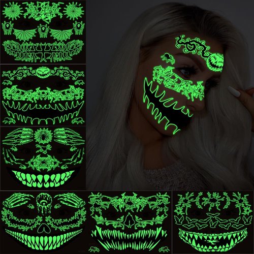 Halloween Temporary Tattoos For Women Men 10 Sheets Face Eye Mask Body Tattoos Glow In Dark Fake Tattoos Waterproof Luminous Temporary Tattoo For Day Of The Dead Rave Festival Party Decorations