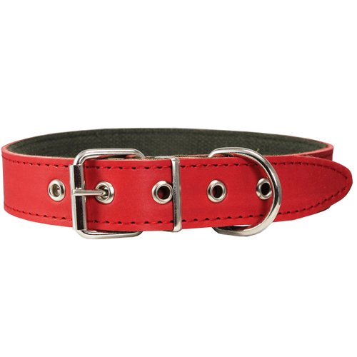 Thick Genuine Leather Dog Collar, Cotton Padded, 1.25" Wide. (Neck Circumf.: 17.5"-20.5", Red)