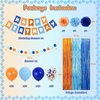 Boy Birthday Decorations, Blue Birthday Supplies, Light Blue Navy Brown Tan Orange Banner, Fringe Curtain, Boho Balloons, Pom Poms Backdrop