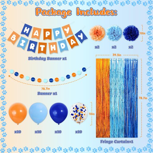 Boy Birthday Decorations, Blue Birthday Supplies, Light Blue Navy Brown Tan Orange Banner, Fringe Curtain, Boho Balloons, Pom Poms Backdrop