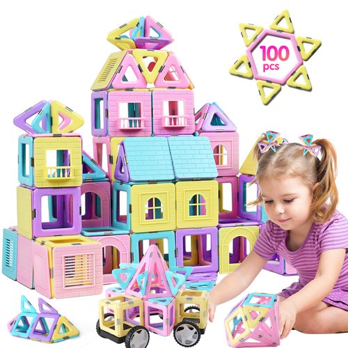 TOKBLOK Magnetic Tiles Toys for 3 4 5 6+ Year Old Girls Boys 100Pcs Macaron Magnet Building Blocks Set for Toddler STEM Educational Toys for Kids Birthday Gifts (Castle & Car Set)