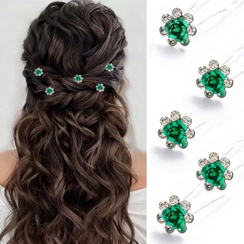 Bartosi Flower Hair Pins Rhinestone Bridal Hair Pieces Bride Wedding Hair Accessories for Women and Girls (Pack of 5) (Green)