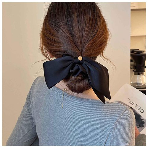 Iaceble Vintage Ribbon Bow Hair Tie Scrunchies Black Satin Hair Scrunchies Ribbon Bunny Ear Hair ...