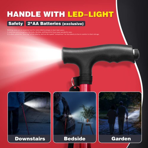 BigAlex Folding Walking Cane with LED Light,Pivoting Quad Base,Adjustable Walking Stick with Carrying Bag for Men/Women