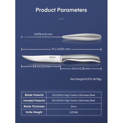 D.Perlla Steak Knives, Super Sharp Straight Edge Steak Knife Set of 8, Professional Straight Edge Kitchen Table Dinner Knives, Elegant High Carbon Stainless Steel Kitchen Steak Knife Set, 4.5IN