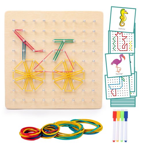 Auvewilo Wooden Geoboard with Rubber Bands, STEM Educational Toy for Spatial Reasoning and Fine Motor Skills Kids 3 Years+